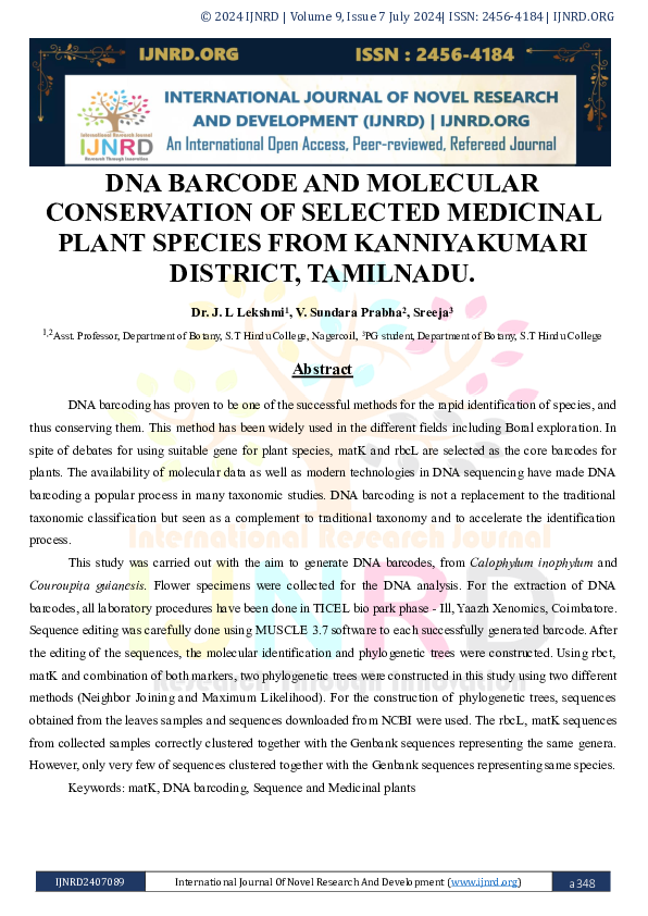 (PDF) DNA BARCODE AND MOLECULAR CONSERVATION OF SELECTED MEDICINAL ...