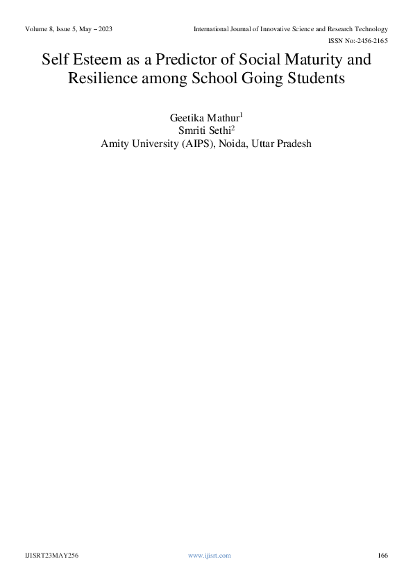 (PDF) Self Esteem as a Predictor of Social Maturity and Resilience ...