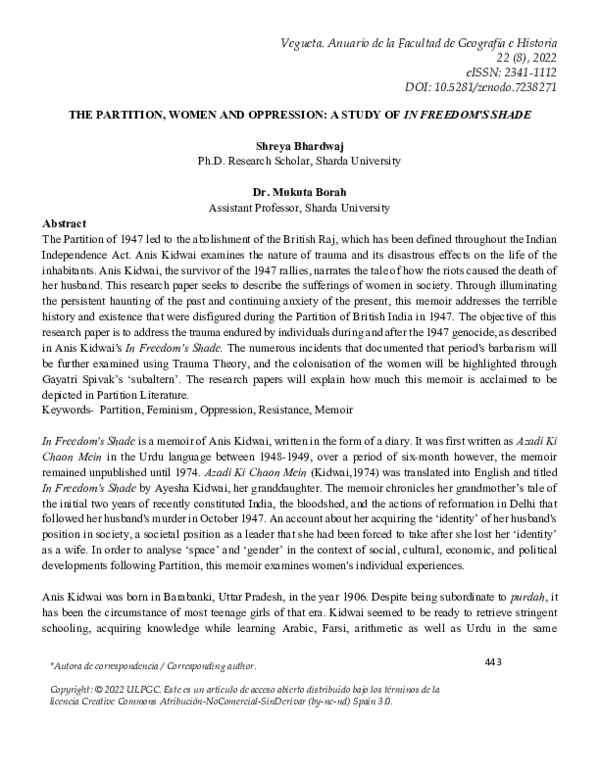 (PDF) The Partition, Women and Oppression: A Study of in Freedom's Shade