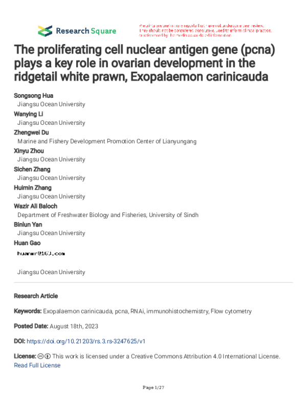 (PDF) The proliferating cell nuclear antigen gene (pcna) plays a key ...