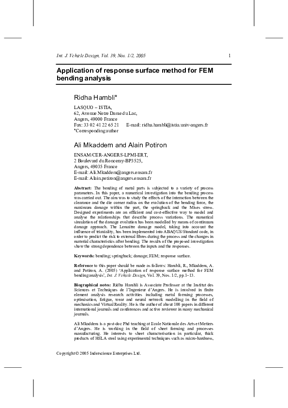 (PDF) Application of response surface method for FEM bending analysis