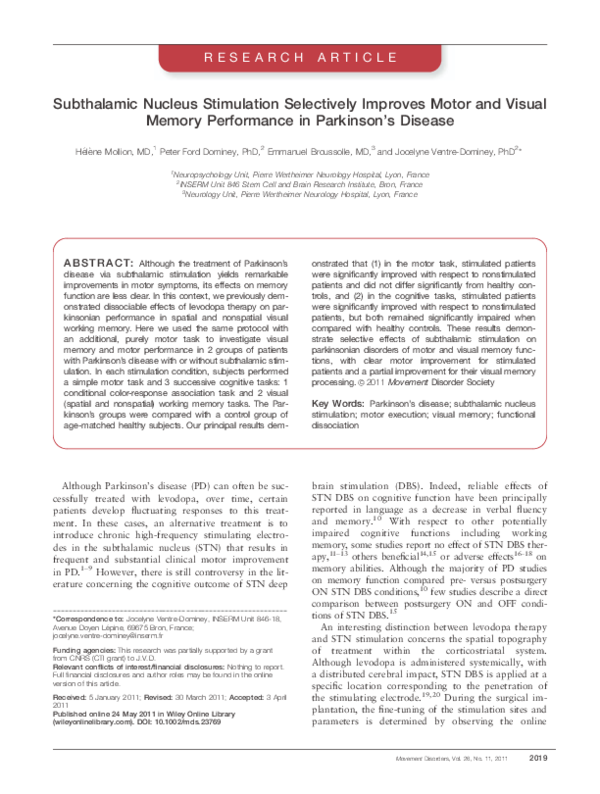 (PDF) Subthalamic nucleus stimulation selectively improves motor and ...
