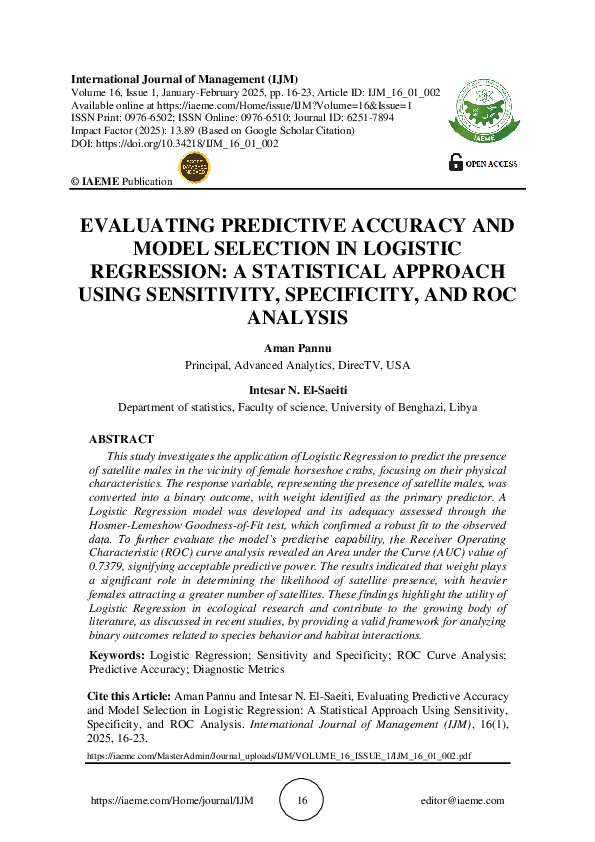 (PDF) EVALUATING PREDICTIVE ACCURACY AND MODEL SELECTION IN LOGISTIC ...