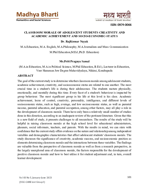 (PDF) CLASSROOM MORALE OF ADOLESCENT STUDENTS CREATIVITY AND ACADEMIC ...