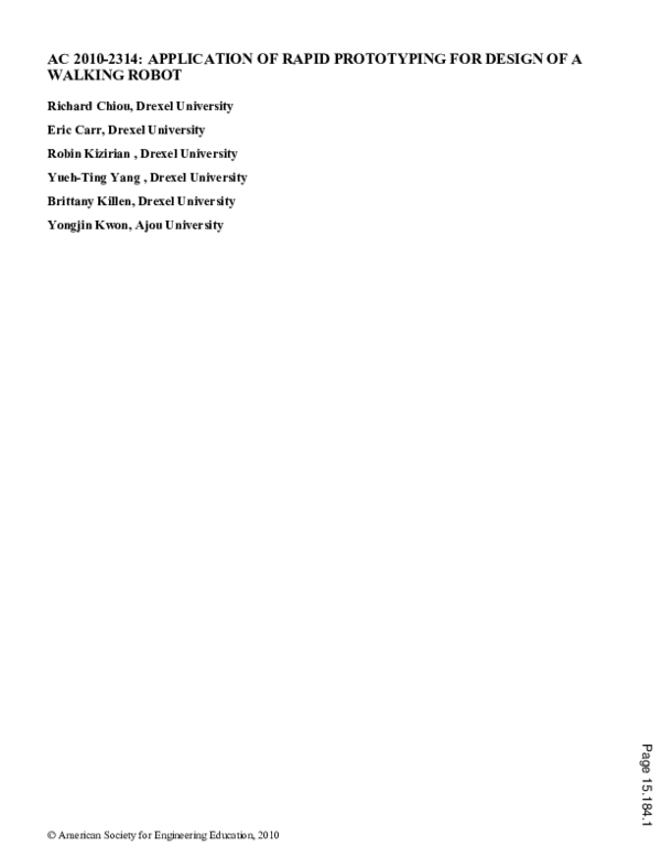 (PDF) Application Of Rapid Prototyping For Design Of A Walking Robot
