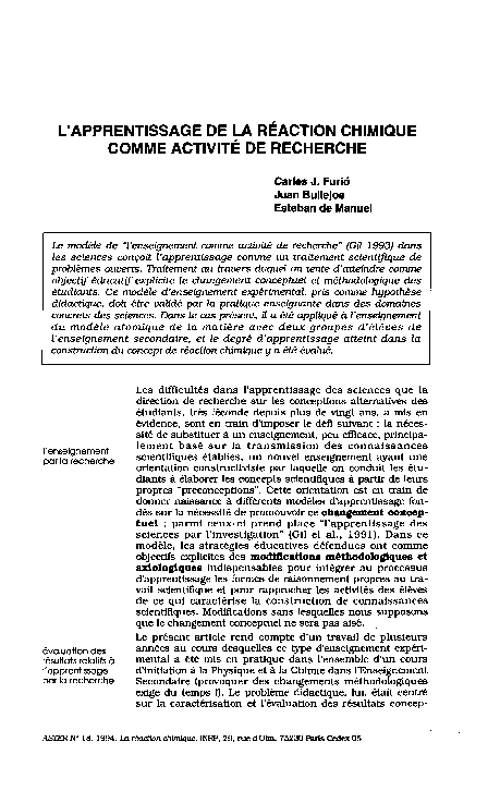 (PDF) L'apprentissage de la réaction chimique comme activité de recherche