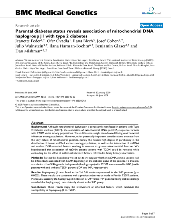 (PDF) Parental diabetes status reveals association of mitochondrial DNA ...