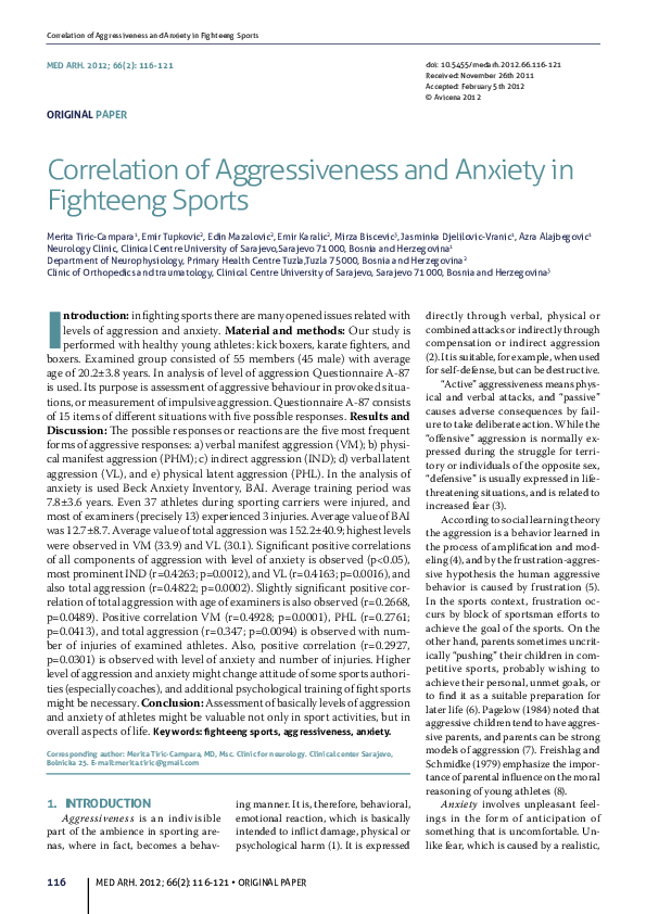 Correlation of Aggressiveness and Anxiety in Fighteeng Sports