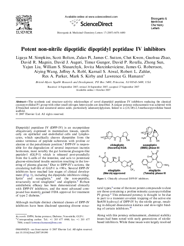(PDF) Potent non-nitrile dipeptidic dipeptidyl peptidase IV inhibitors