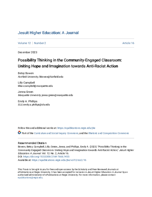 (PDF) Possibility Thinking in the Community-Engaged Classroom: Uniting ...