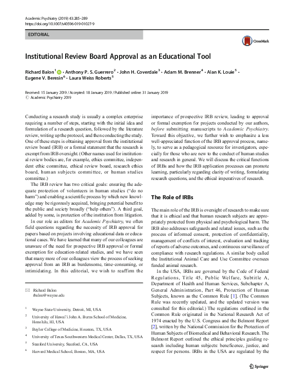 (PDF) Institutional Review Board Approval as an Educational Tool