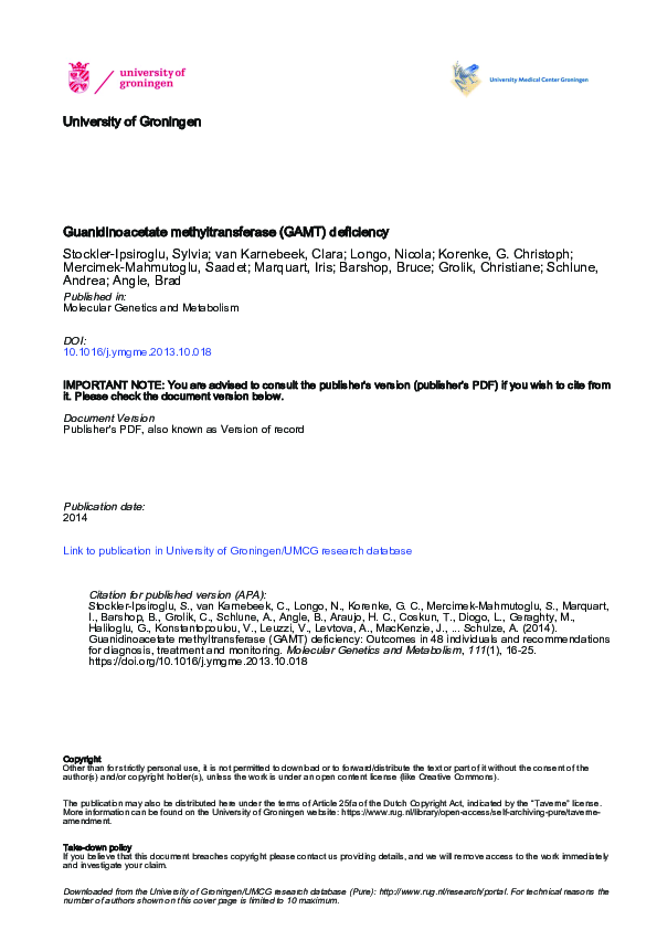(PDF) Guanidinoacetate methyltransferase (GAMT) deficiency: Outcomes in ...