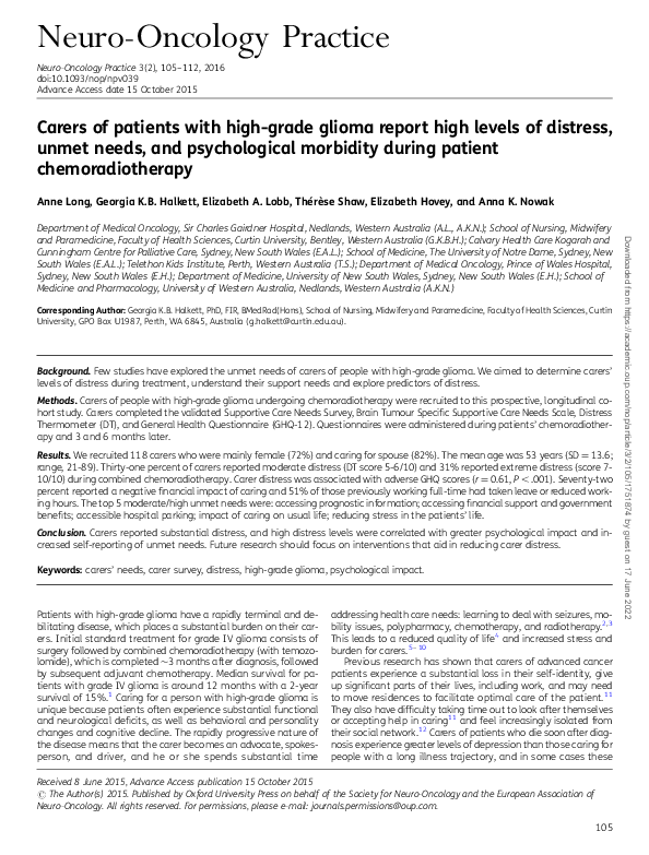 (PDF) Carers of patients with high-grade glioma report high levels of ...