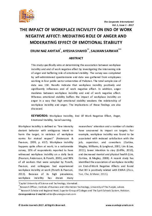 (PDF) The Impact of Workplace Incivility on End of Work Negative Affect ...