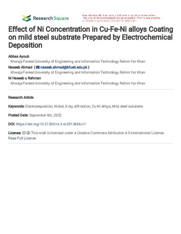 (PDF) Effect of Ni Concentration in Cu-Fe-Ni alloys Coating on mild ...