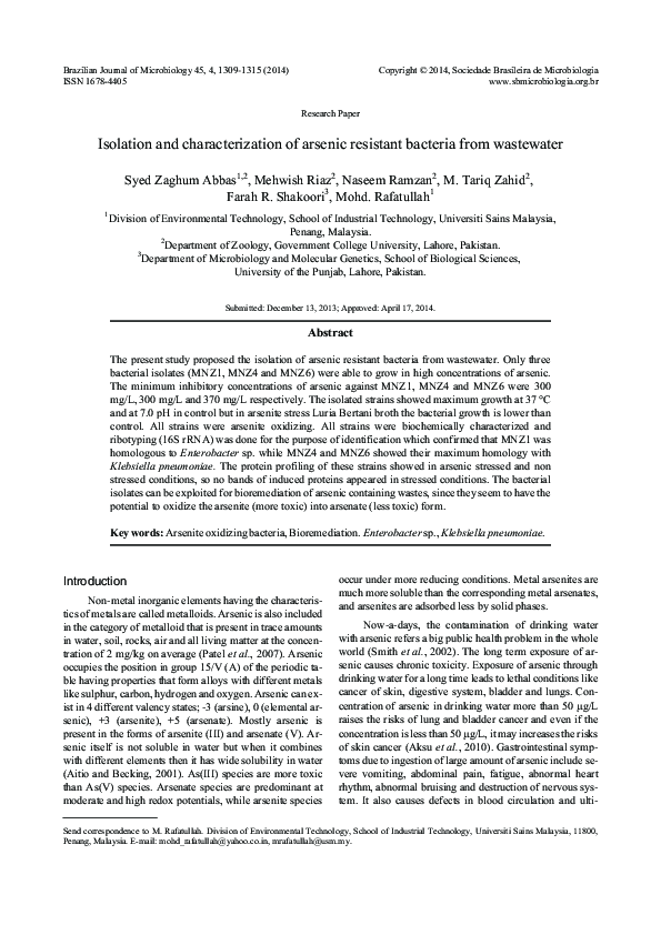 (PDF) Isolation and characterization of arsenic resistant bacteria from ...