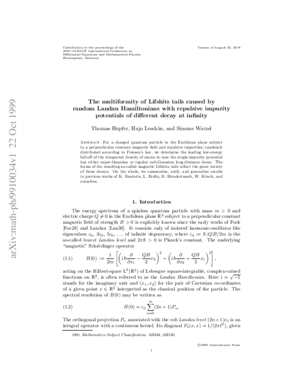 (PDF) The multiformity of Lifshits tails caused by random Landau ...