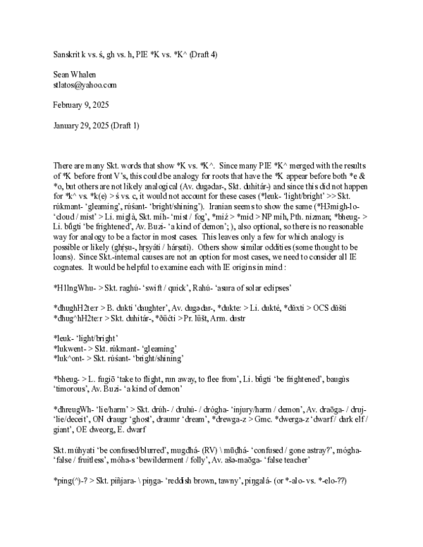 First page of “Sanskrit k vs. ś, gh vs. h, PIE *K vs. *K^ (Draft 4)”