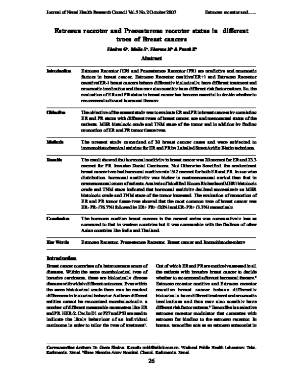 (PDF) Estrogen Receptor and Progesterone Receptor Status in Different ...