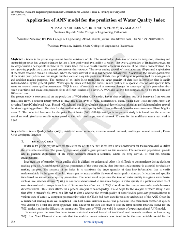 (PDF) Application of ANN model for the prediction of Water Quality Index