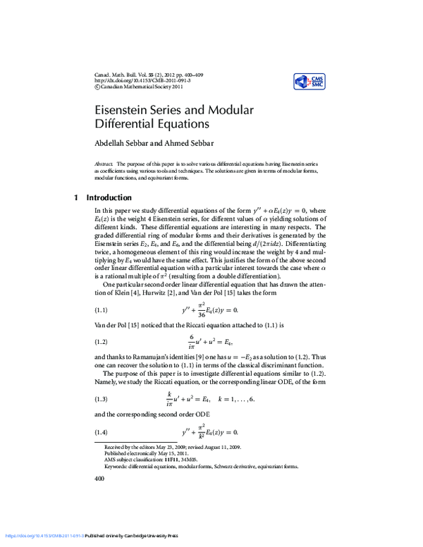 (PDF) Eisenstein Series and Modular Differential Equations