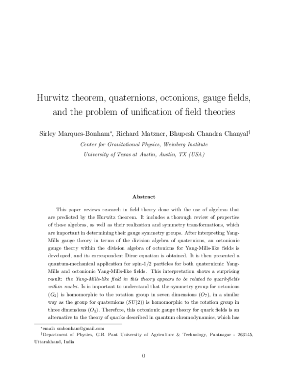 (PDF) Hurwitz theorem, quaternions, octonions, gauge fields, and the ...
