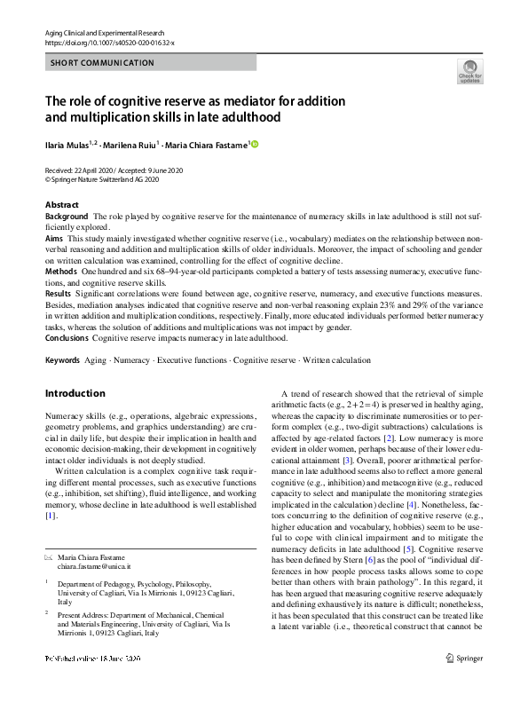 (PDF) The role of cognitive reserve as mediator for addition and ...