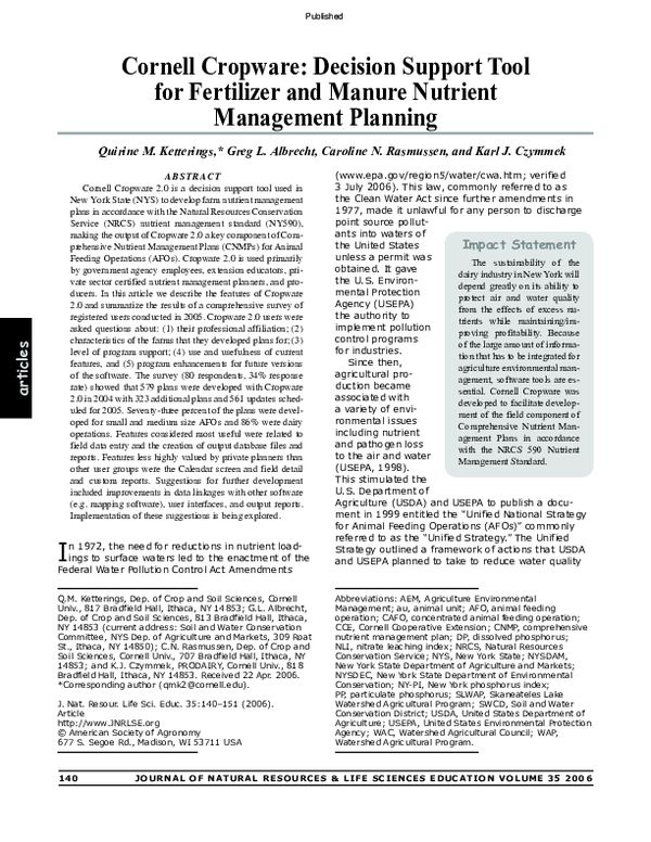 (PDF) Cornell Cropware: Decision Support Tool for Fertilizer and Manure ...