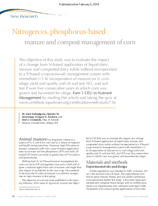(PDF) Nitrogen‐ vs. Phosphorus‐Based Manure and Compost Management of Corn