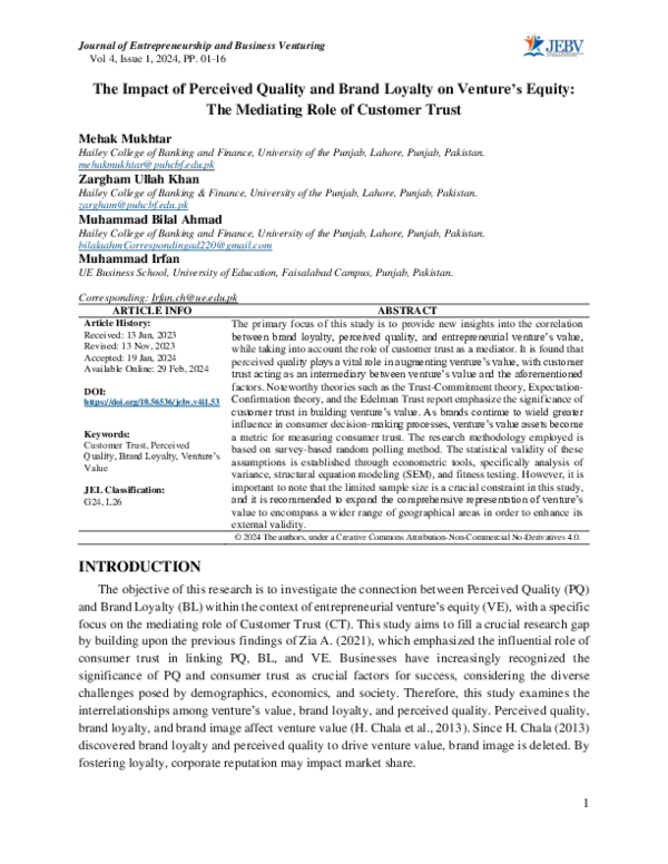 (PDF) The Impact of Perceived Quality and Brand Loyalty on Venture’s ...