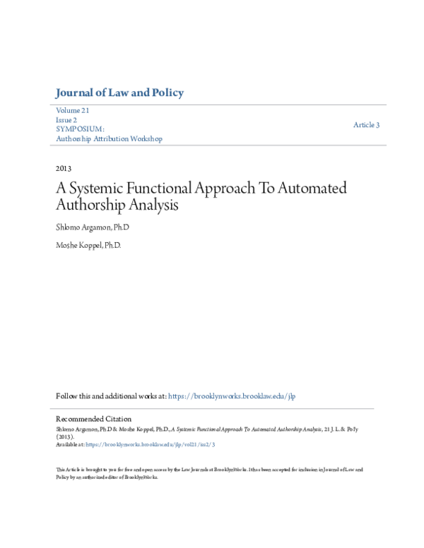 (PDF) A Systemic Functional Approach to Automated Authorship Analysis