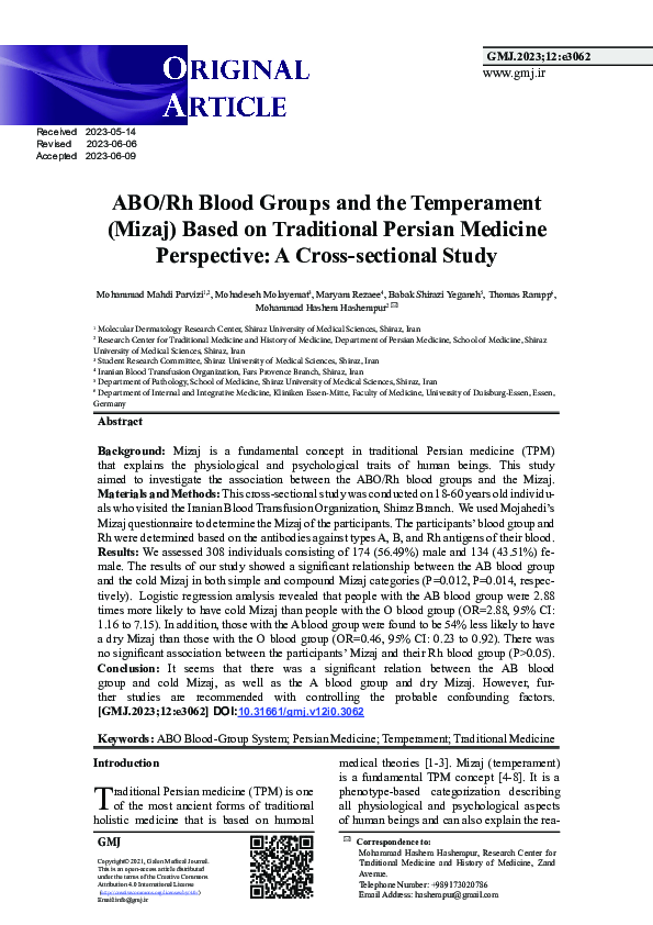 (PDF) ABO/Rh Blood Groups and the Temperament (Mizaj) Based on ...