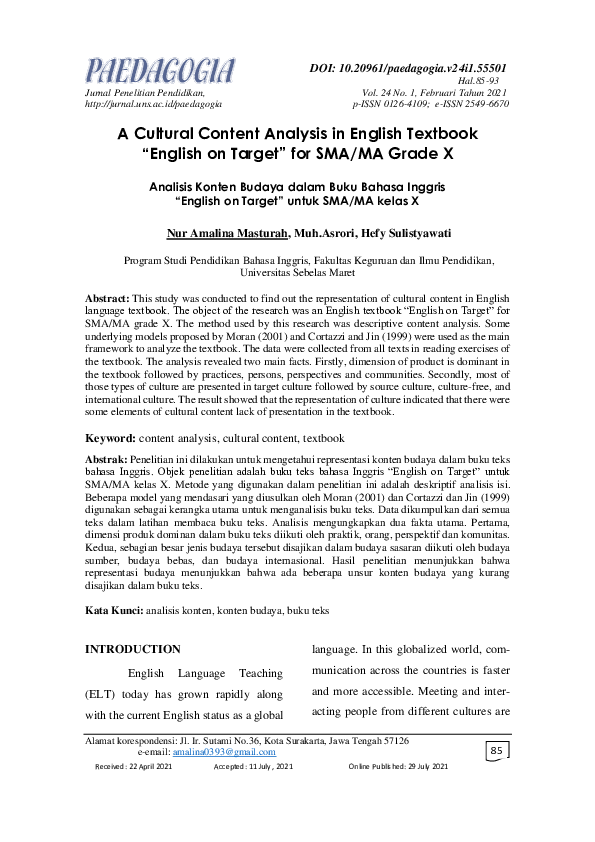(PDF) A Cultural Content Analysis in English Textbook “English on ...