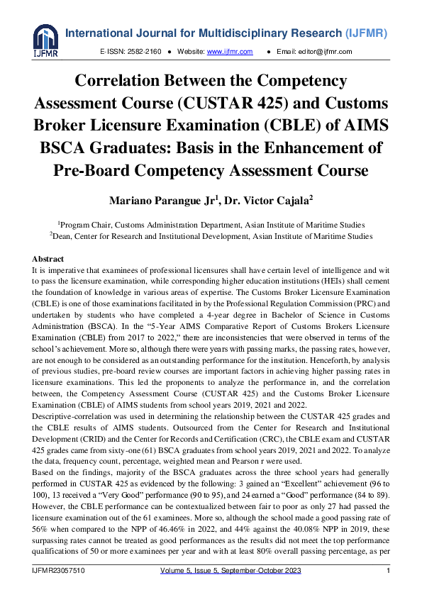 (PDF) Correlation Between the Competency Assessment Course (CUSTAR 425 ...