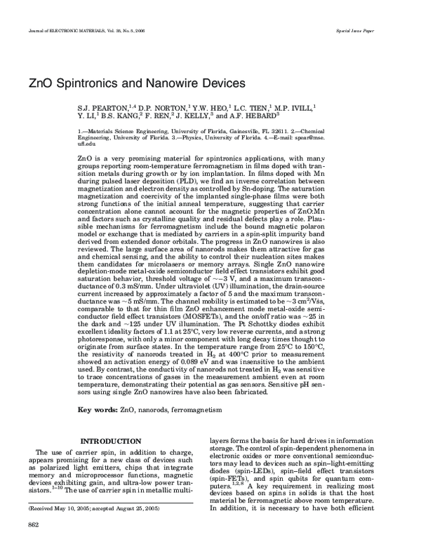 (PDF) ZnO spintronics and nanowire devices