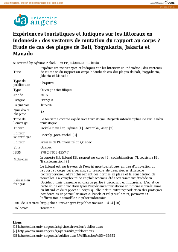(PDF) Expériences touristiques et ludiques sur les littoraux en ...