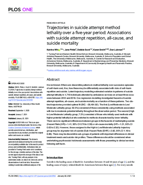 (PDF) Trajectories in suicide attempt method lethality over a five-year ...