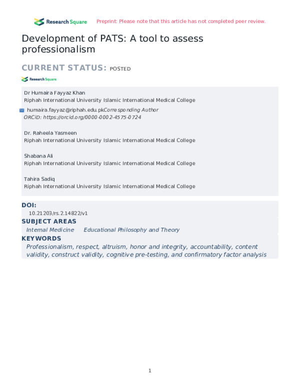 (PDF) Development of PATS: A tool to assess professionalism