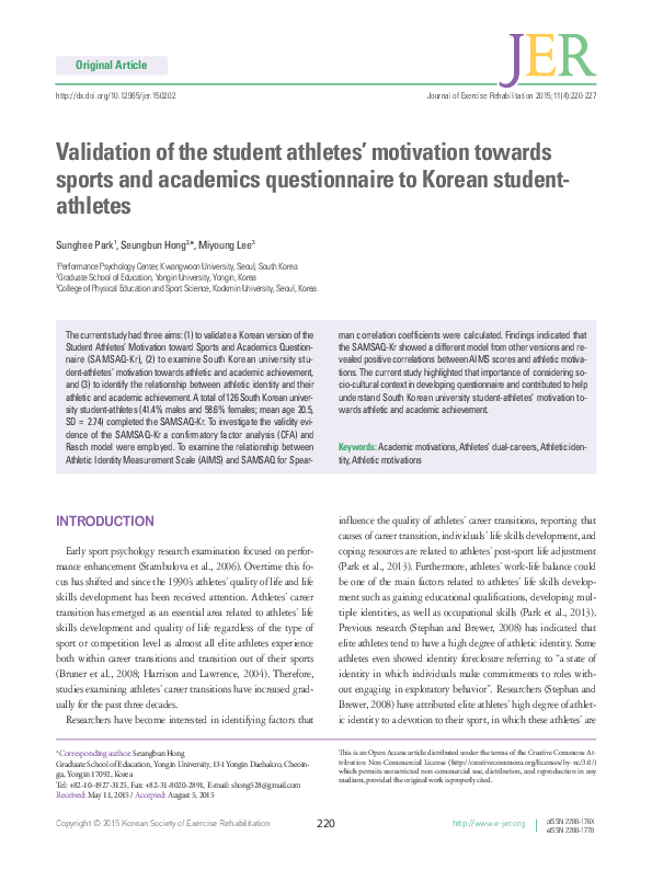 (PDF) Validation of the student athletes’ motivation towards sports and ...