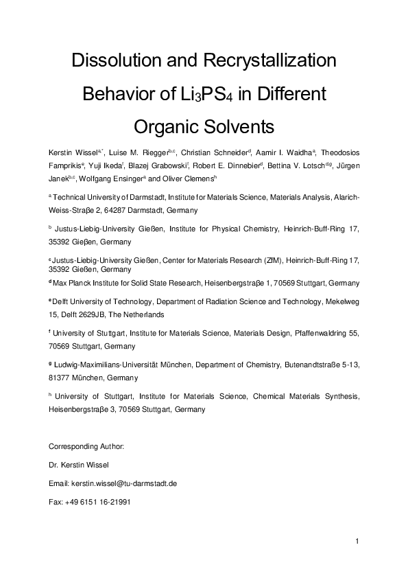 (PDF) Dissolution and Recrystallization Behavior of Li3PS4 in Different ...