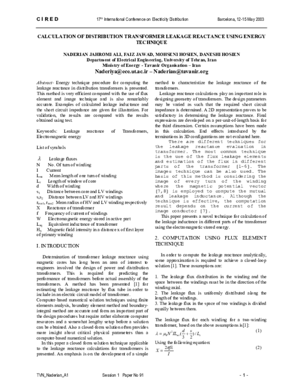 (PDF) Calculation of distribution transformer leakage reactance using ...