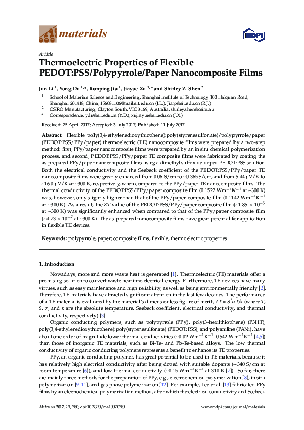 (PDF) Thermoelectric Properties of Flexible PEDOT:PSS/Polypyrrole/Paper ...