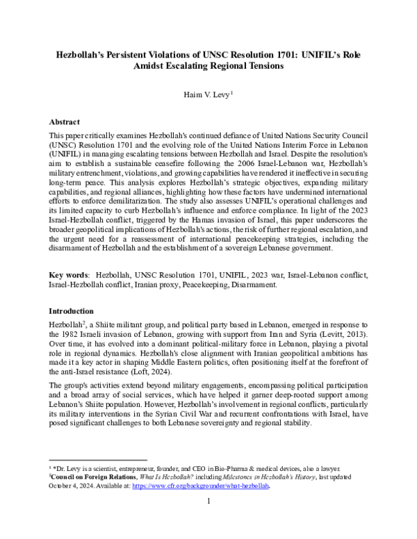 (PDF) Hezbollah's Persistent Violations of UNSC Resolution 1701: UNIFIL ...