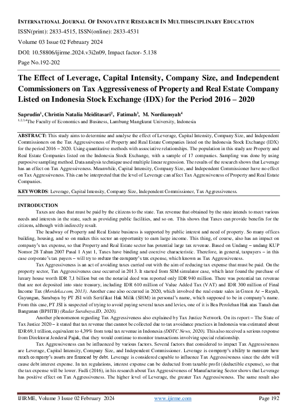 (PDF) The Effect of Leverage, Capital Intensity, Company Size, and ...