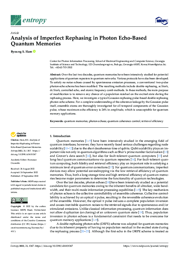 (PDF) Analysis of Imperfect Rephasing in Photon Echo-Based Quantum Memories