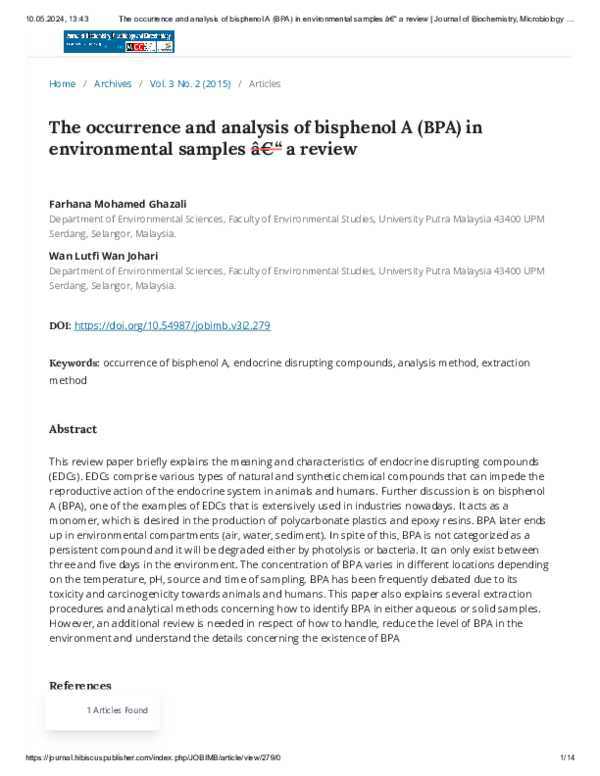 (PDF) The occurrence and analysis of bisphenol A (BPA) in environmental ...