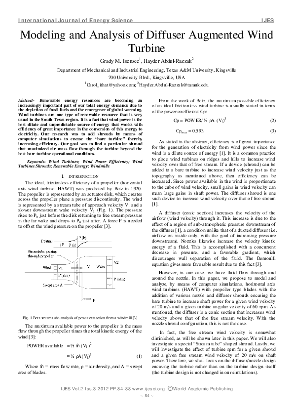 (PDF) Modeling and Analysis of Diffuser Augmented Wind Turbine