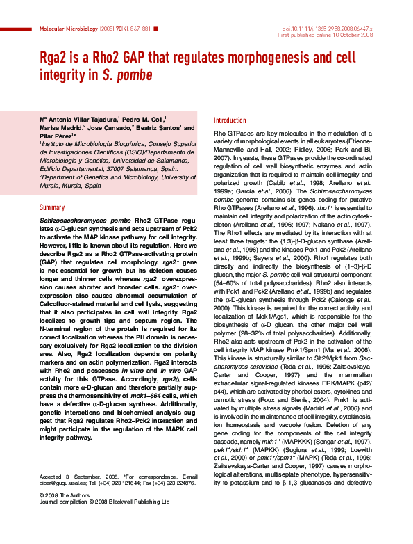 (PDF) Rga2 is a Rho2 GAP that regulates morphogenesis and cell ...