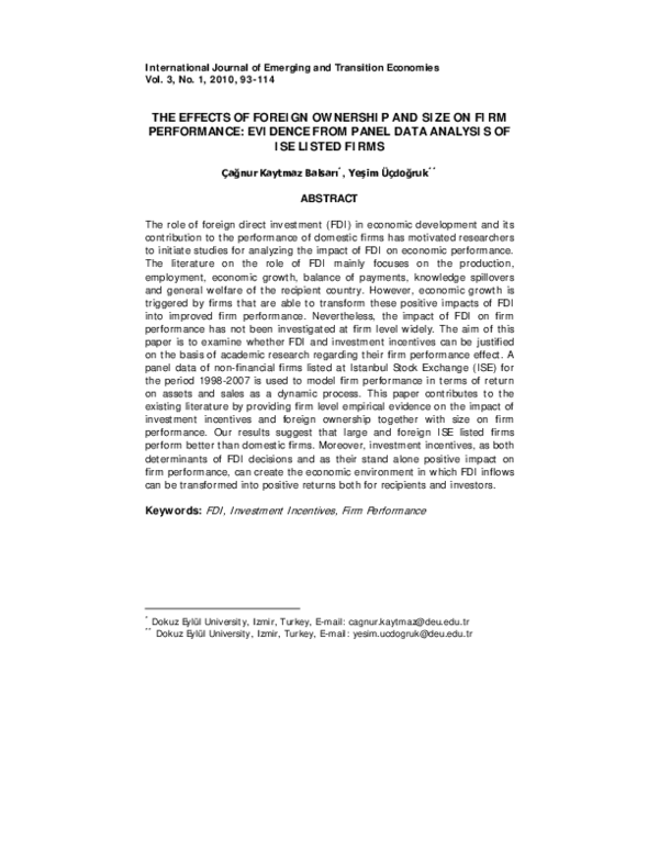 (PDF) The Effects of Foreign Ownership and Size on Firm Performance ...