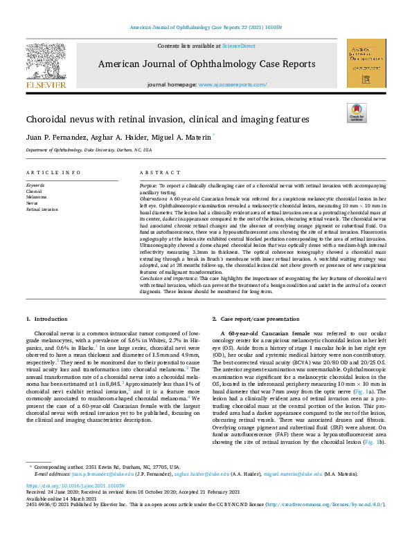 (PDF) Choroidal nevus with retinal invasion, clinical and imaging features